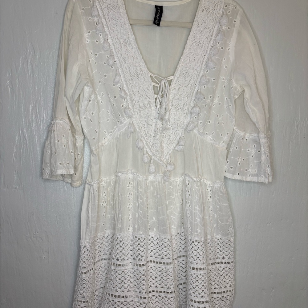 White Eyelet lace Sheer Midi Dress with Tassel Trim Resort Ready Coastal Boho